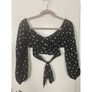 Kaylee Collection Black Polkadot Off Shoulder Long Sleeves Tube Top Tie Front S